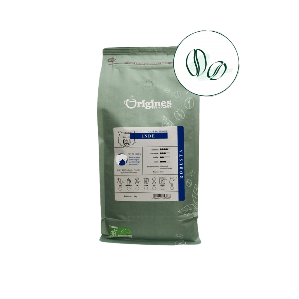 Koffie India ORGANIC - Zuiver Robusta - Bonen 1kg