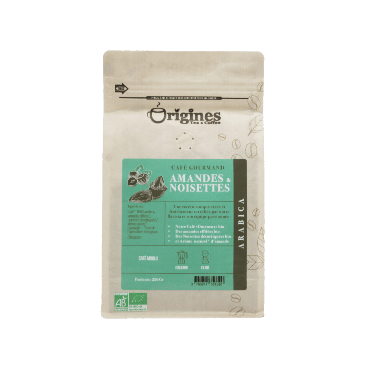 Biologische koffie met amandelen en hazelnoten - Gemalen 200g