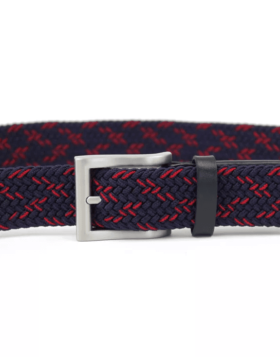 Gerecycleerde elastische gevlochten riem in marineblauw en bordeaux Robbie.