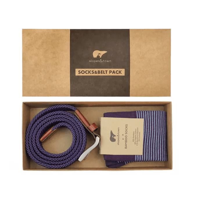 Bruce 105cm riem en paars gestreepte sokken cadeauverpakking 42-46